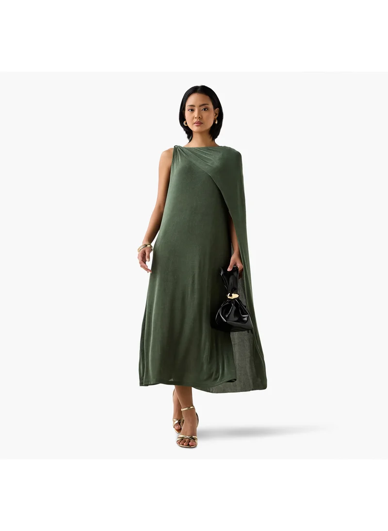 Iconic Iconic Cape Midi Sleeveless Dress with Round Neck