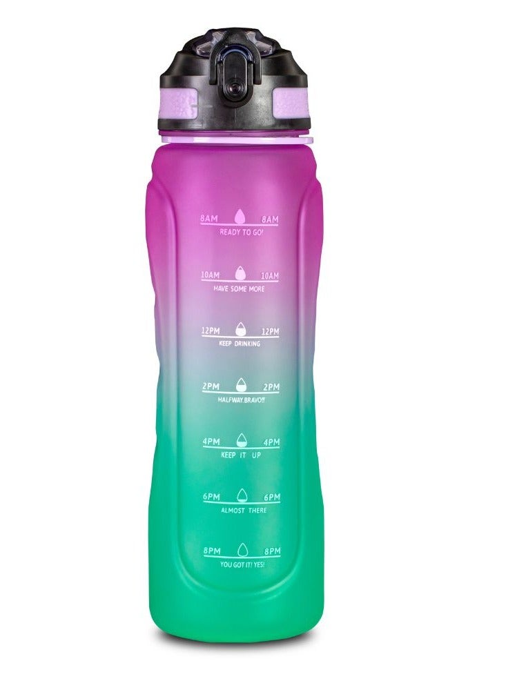 Motivational water bottle and straw with clearly marked times to drink throughout the day and a convenient straw for spil lbbproof sipping, track your water intake and stay hydrated 1 liters (pink/Gre - Image 1