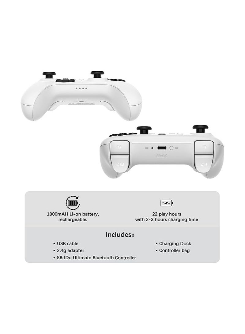 8Bitdo Ultimate Bluetooth Switch Pro Controller with Charging Dock, Wireless Gamepad with Hall Effect Sensor Joystick for Switch/Windows,Remote Motion Control/Vibration/Turbo with Carry Bag - White - Image 2
