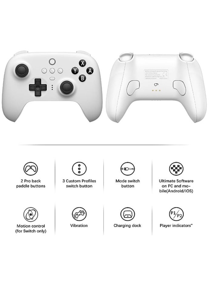 8Bitdo Ultimate Bluetooth Switch Pro Controller with Charging Dock, Wireless Gamepad with Hall Effect Sensor Joystick for Switch/Windows,Remote Motion Control/Vibration/Turbo with Carry Bag - White - Image 3