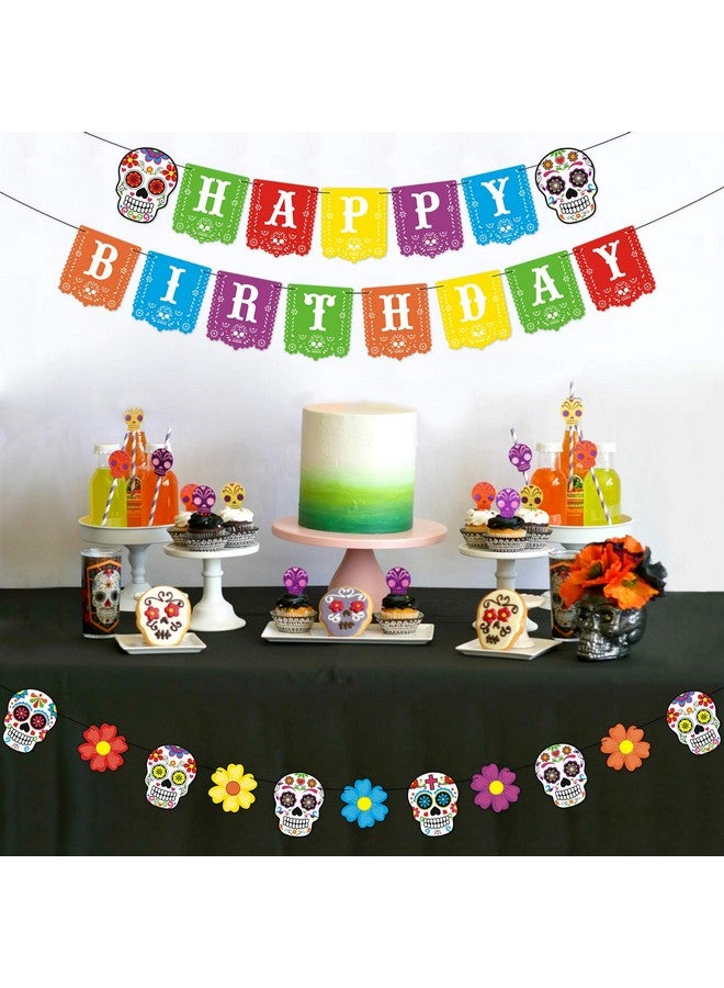 Bessmoso Day Of The Dead Happy Birthday Banner Día De Los Muertos Papel Picado Sugar Skulls Marigold Flowers Garland For Mexican Fiesta Birthday Party Photo Props Decorations Halloween Party Supplies - Image 3