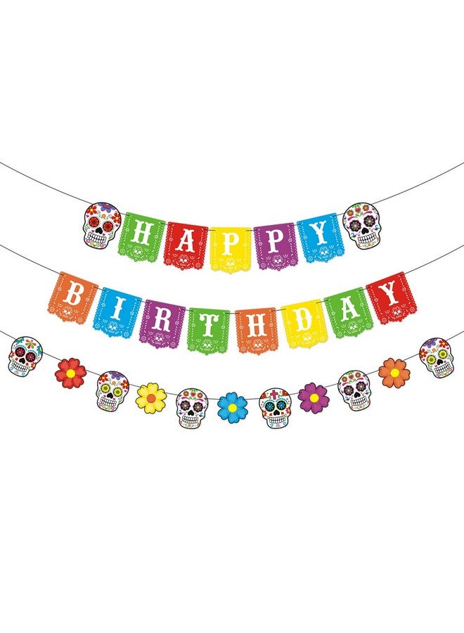 Bessmoso Day Of The Dead Happy Birthday Banner Día De Los Muertos Papel Picado Sugar Skulls Marigold Flowers Garland For Mexican Fiesta Birthday Party Photo Props Decorations Halloween Party Supplies - Image 2