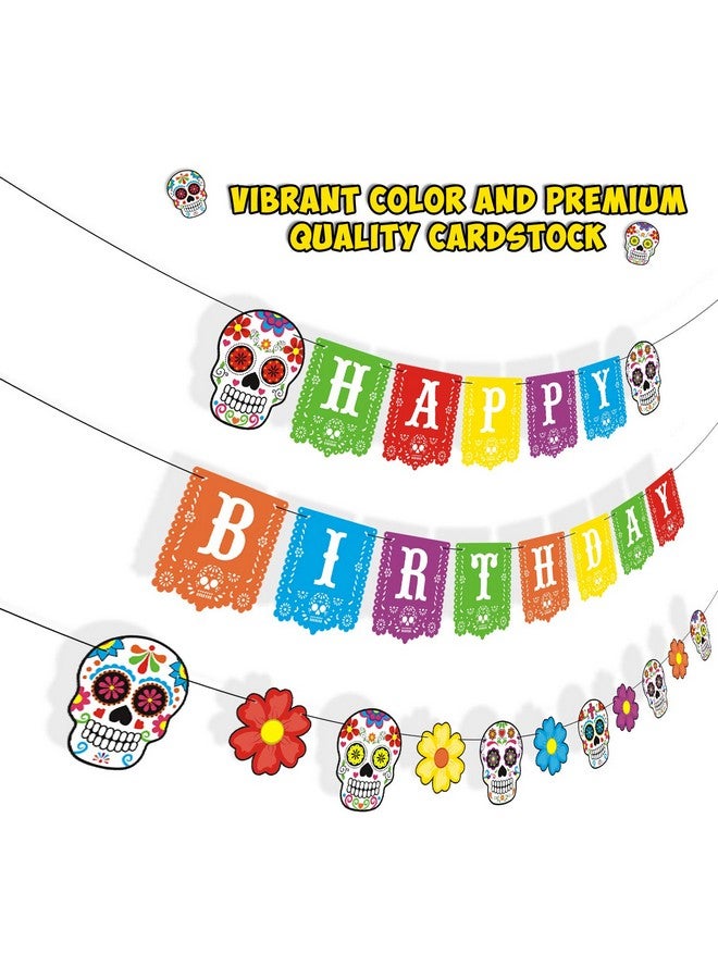 Bessmoso Day Of The Dead Happy Birthday Banner Día De Los Muertos Papel Picado Sugar Skulls Marigold Flowers Garland For Mexican Fiesta Birthday Party Photo Props Decorations Halloween Party Supplies - Image 5