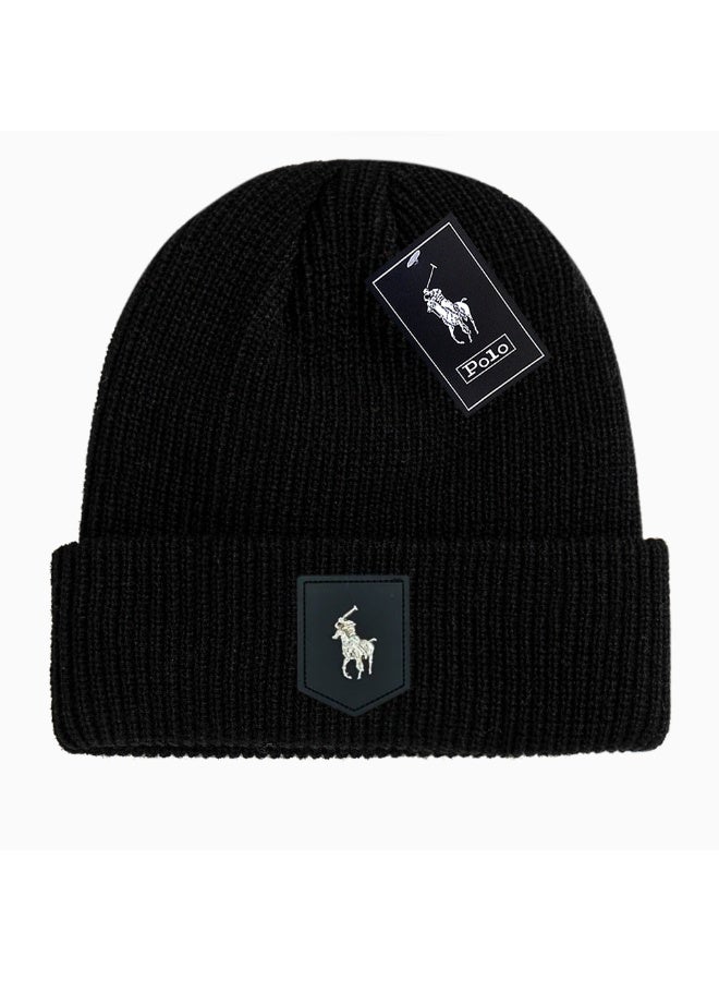 Polo Ralph Lauren Black Ribbed Knit Beanie with Embroidered Pony Logo Patch