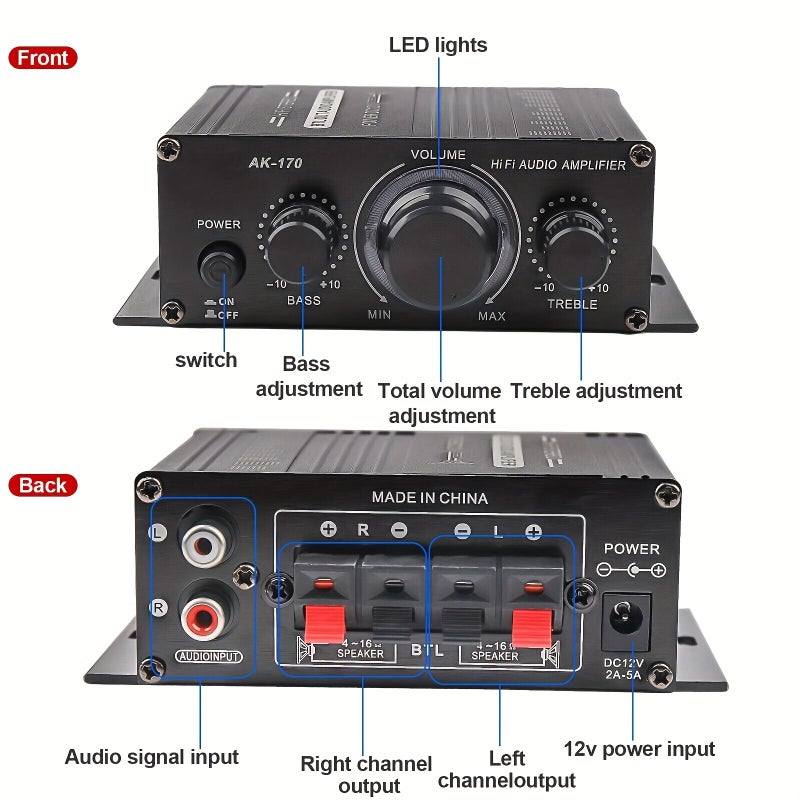 AK-170 Mini 12V Car Power Amplifier 1pc For Motorcycle Home And Computer Speakers - Image 4
