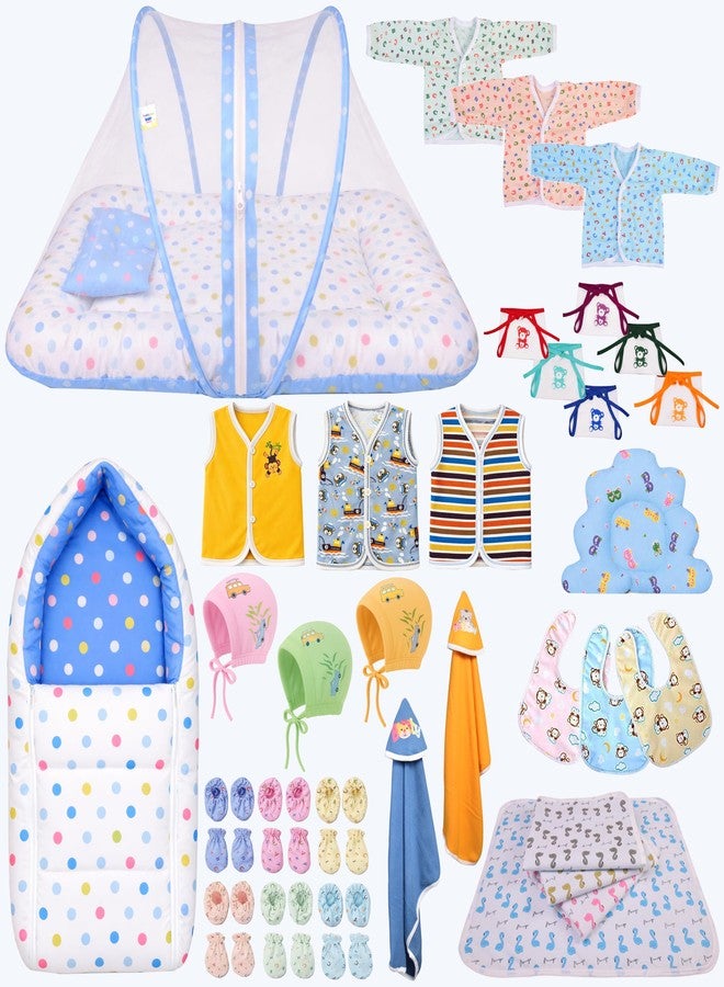 Kwitchy Newborn Baby Essentials Kit 39 Items Combo | New Born Kit 0-6 Months | Baby Set Clothes Bedding Bed | Infant Essentials & (Blue) - Image 1