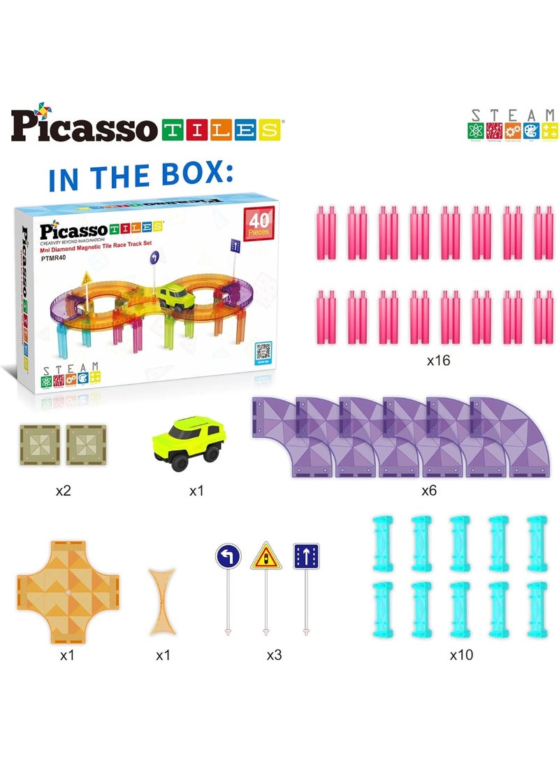 PicassoTiles مجموعة مسار سباق الماس المصغرة من بيكاسو تايلز 40 قطعة | متوافقة مع بلاط مغناطيسي | مسار سباق مغناطيسي | كتل بناء | ألعاب STEM | مجموعة ألعاب تعليمية | كتل تكديس | مجموعة بناء للأطفال لتطوير الدماغ - Image 2