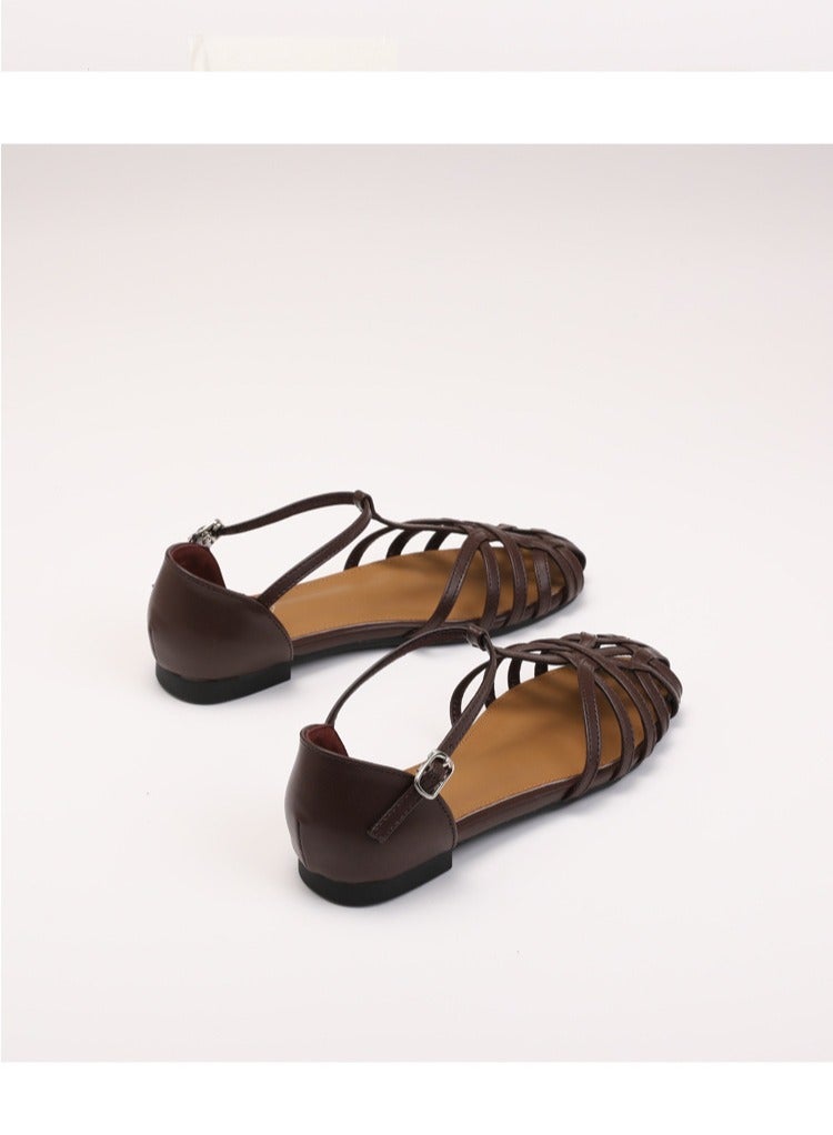 SIKETU 2025 New Knitted Hollow Flat Sandals Women's One Button Fashion Roman Sandals - Image 2