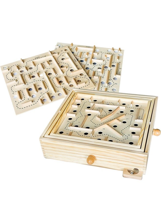 Sterling Games Wooden Labyrinth with 3 Swappable Boards - Classic Maze Game with 60, 36, and 25 Waypoints - Wooden Tilt Puzzle with Knob Control and 3 Steel Marbles for Kids Age 6+ - Image 1