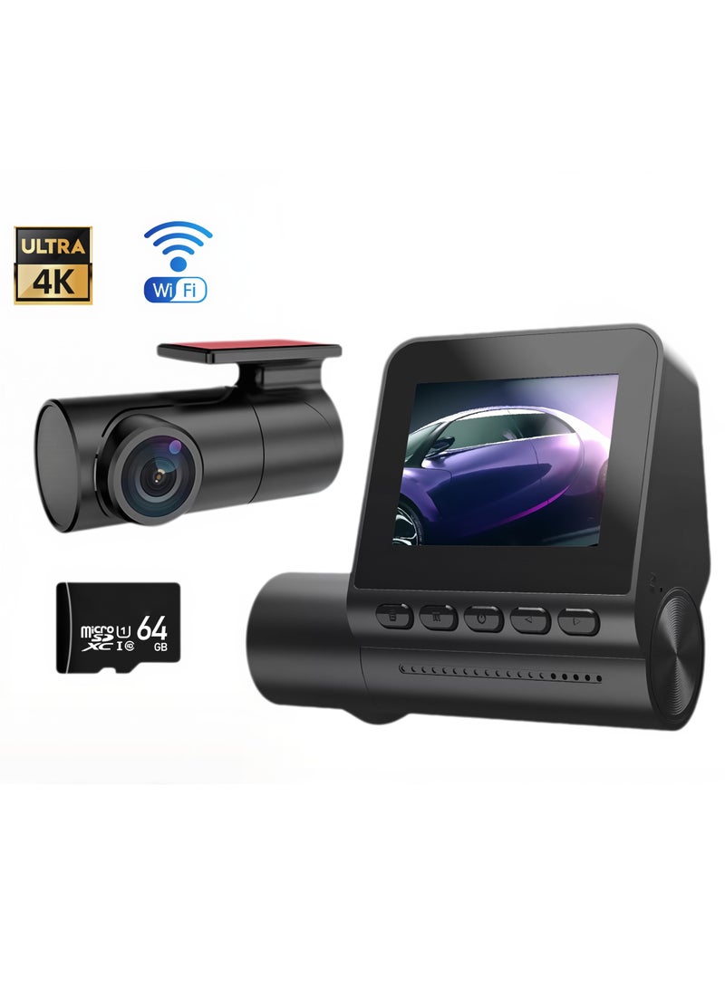 Generic Dash Camera Front 4K and Rear 1080P Ultra Full HD with 64GB Card, intelligent driving recorder, high-definition night vision, parking monitoring smart camera  - Image 1