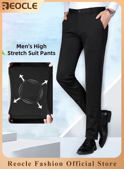 بنطلون رجالي رسمي بقصة ضيقة وقصة كلاسيكية وجزء أمامي مسطح وبنطلون رسمي بقصة مستقيمة وخصر قابل للتمدد وخالي من التجاعيد