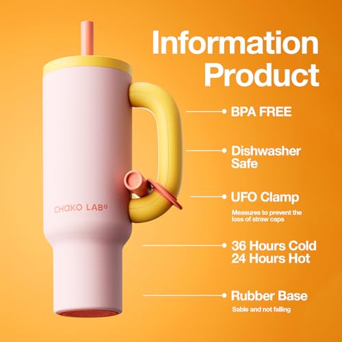 CHAKO LAB كوب تشاكو لاب باوانغ المعزول من الفولاذ المقاوم للصدأ | كوب مع مقبض وشفاطة 33 أونصة | مناسب لحامل الأكواب للسفر | زجاجة ماء مانعة للتسرب | خالية من BPA | بطانة سيراميك | وردي وأصفر - Image 2
