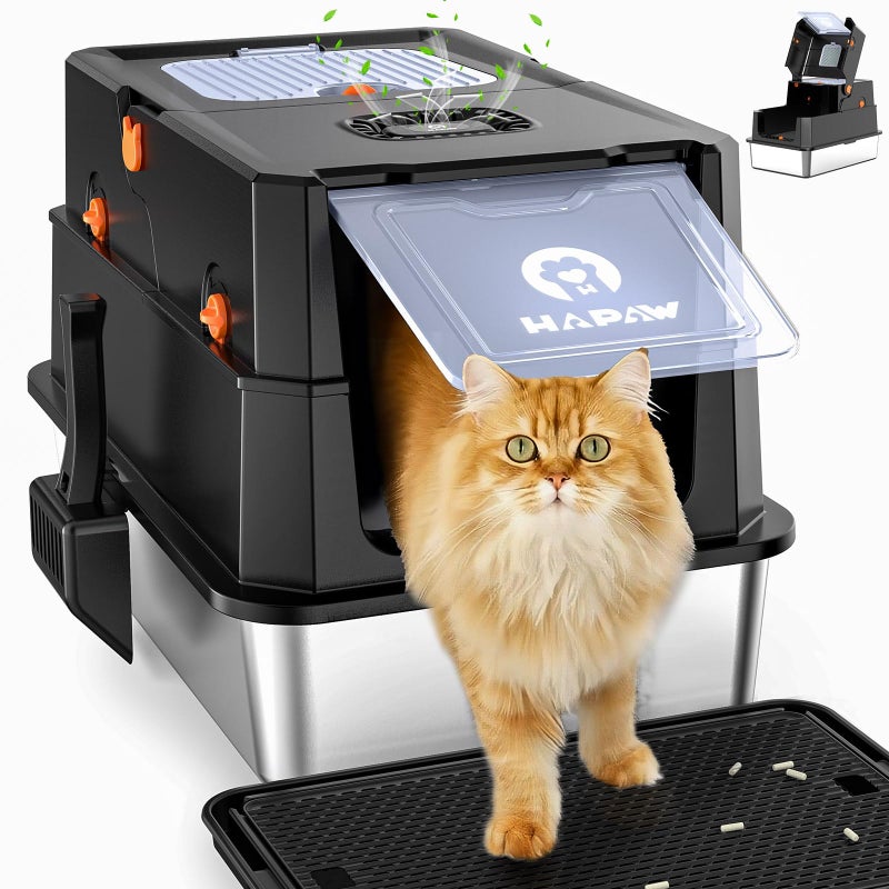 HAPAW Stainless Steel Litter Box with Lid, Anti-Leakage Enclosed Metal Litter Box, Flip-Top Extra Large Kitty Litter Pan with Scoop & Pedal, Odor Free, Front & Top Dual Entry, Black - Image 1