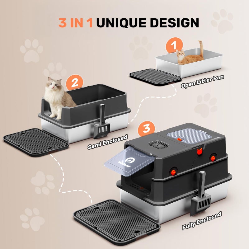 HAPAW Stainless Steel Litter Box with Lid, Anti-Leakage Enclosed Metal Litter Box, Flip-Top Extra Large Kitty Litter Pan with Scoop & Pedal, Odor Free, Front & Top Dual Entry, Black - Image 5