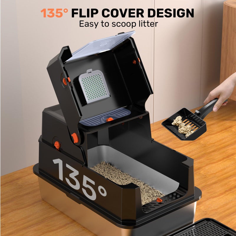 HAPAW Stainless Steel Litter Box with Lid, Anti-Leakage Enclosed Metal Litter Box, Flip-Top Extra Large Kitty Litter Pan with Scoop & Pedal, Odor Free, Front & Top Dual Entry, Black - Image 3