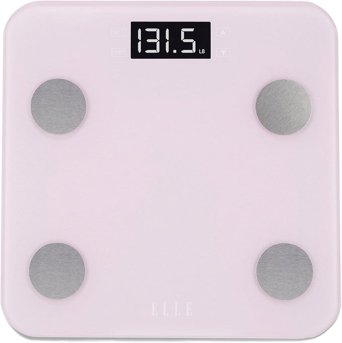 DIGITAL BODY ANALYSIS SCALE WITH BMI BODY FAT HYDRATION MUSCLE MASS BONE MASS CALORIES AND WEIGHT TRACKING PURPLE LCD DISPLAY TEMPERED GLASS 400 LBS CAPACITY
