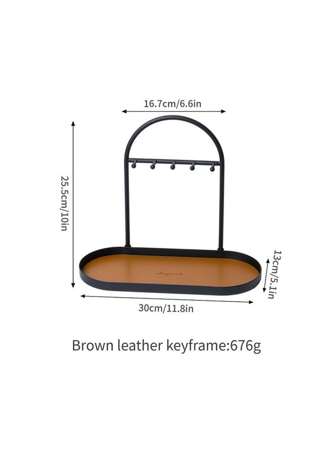 Brown Leather Key Holder Organizer With Hooks For Keys Watches Jewelry - Image 1