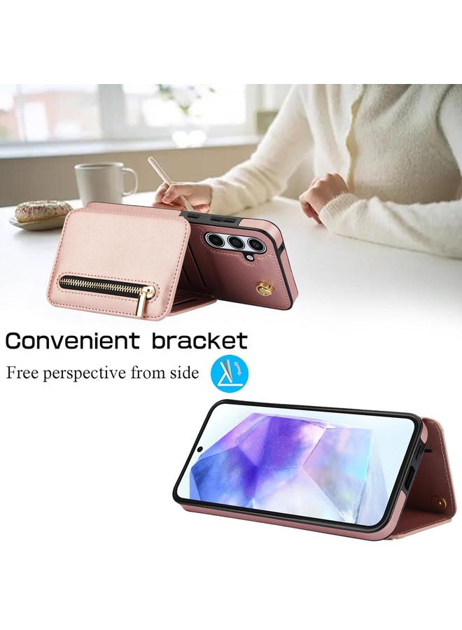 S-TOP Case For Samsung Galaxy A55 5G YM006 Skin Feel Zipper Card Bag Phone Case with Dual Lanyard - Image 4