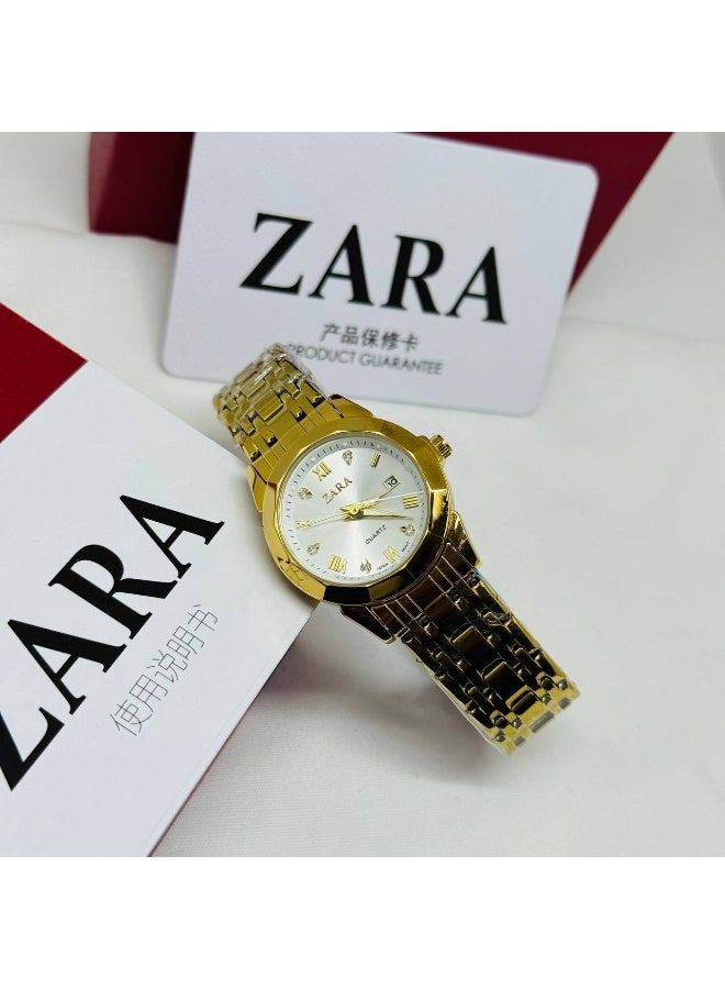 ZARA Women's Quartz Gold-Tone Metal Watch with White Dial and Crystal Hour Markers