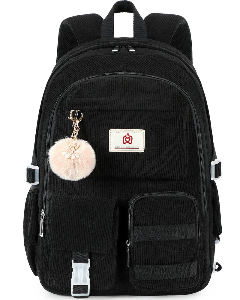 Hidds School Backpack for Teens Girls Women 15.6 Inch Laptop College Backpacks Corduroy Work Bag Kids Elementary Middle High Campus Bookbag Students Back Pack Anti Theft Travel Daypack Womens - Black - Image 1