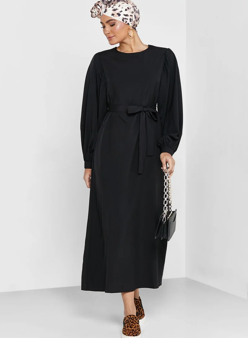Khizana Puff Sleeve Belted Dress