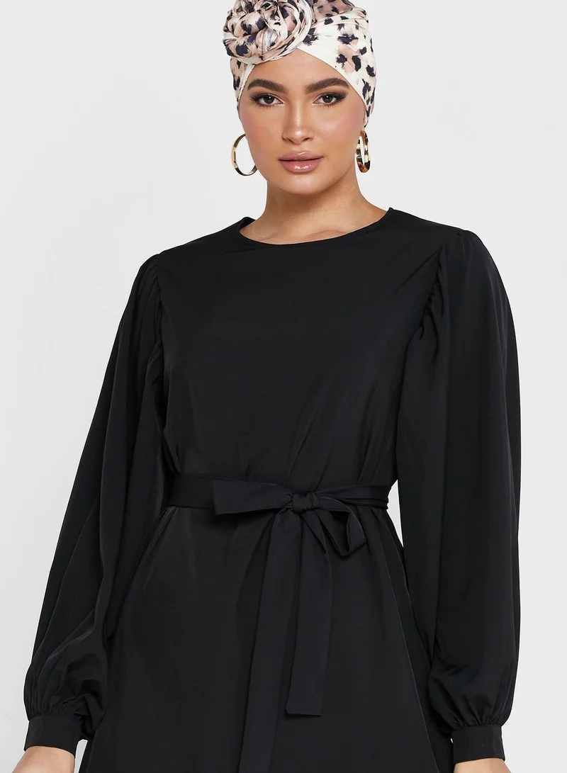 Khizana Puff Sleeve Belted Dress
