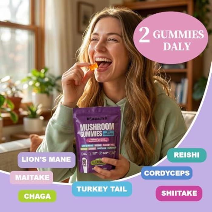 Kaachli 1000mg Ashwagandha & Mushroom Gummies, with 8-Mushroom Blend (Reishi, Lion's Mane, Cordyceps). Supports Focus, Energy and Cognitive Boost,for Adults, 160 Count. - Image 2