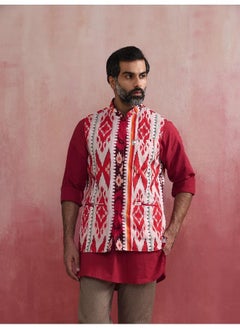 trueBrowns Men's Maroon Ikat Print Cotton Reversible Nehru Jacket  - Image 2