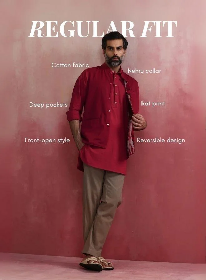 trueBrowns Men's Maroon Ikat Print Cotton Reversible Nehru Jacket