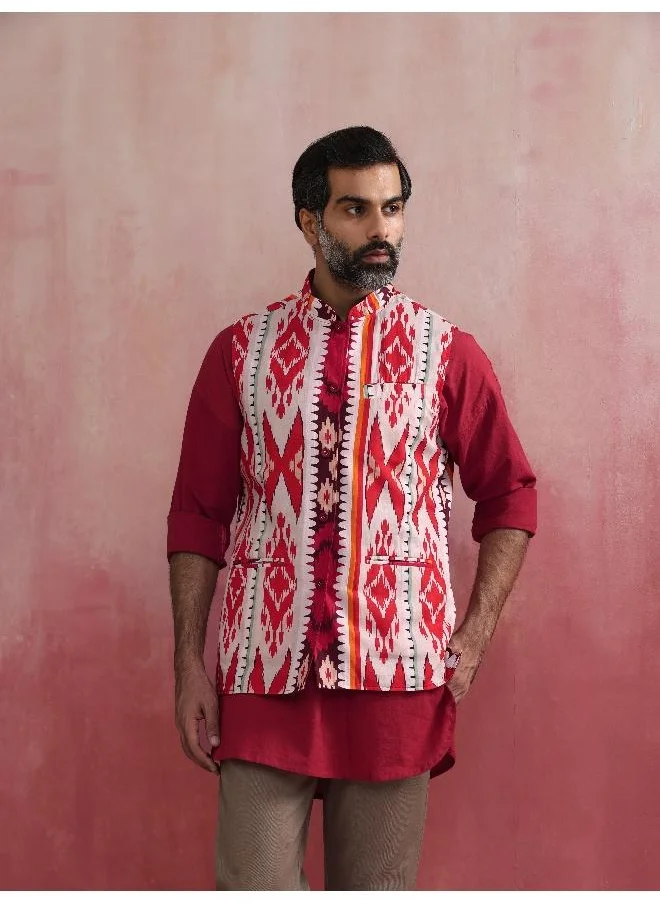 ترو برونز Men's Maroon Ikat Print Cotton Reversible Nehru Jacket