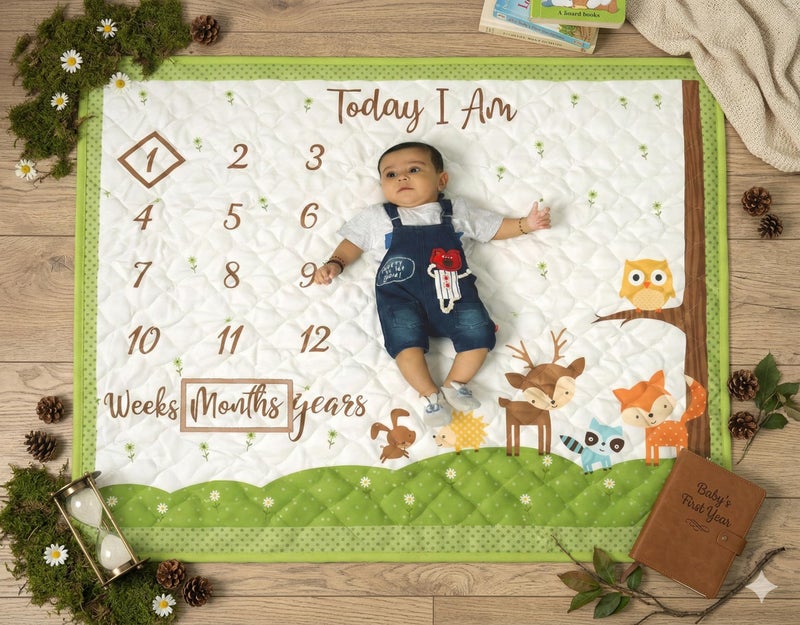 NEW COMERS® Milestone Baby Blanket for All Season, Multiuse Cotton Blanket & Prop for Summer/Winter/Ac Room, Blankets for Kids/New Born Monthly Photoshoot, Thread Count (80/153) 135x115x2cm | 501 - Image 1