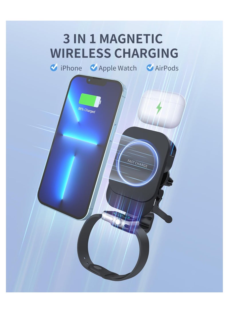 SOLARAE Car Charger, 3 in 1 Wireless Magnetic Charger Car Mount, Fit for Compatible iPhones, Samsung Phones, Apple Watch, AirPods, Fast Charging Car Dock, 360 Rotation, Dashboard or Air Vent Attachment - Image 2