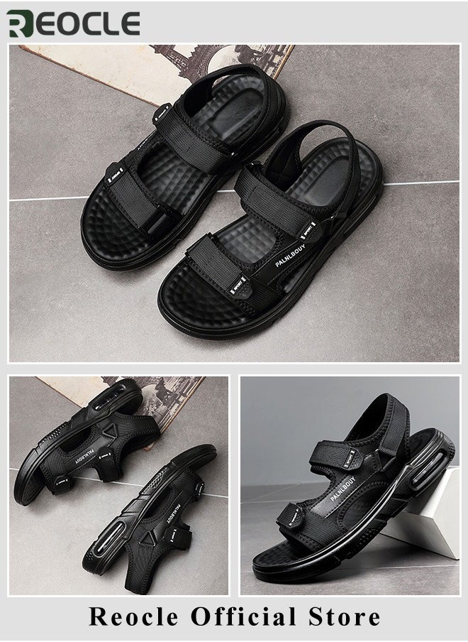 REOCLE Men's Sandals WovenSoft Sole Black Woven Summer Sandals Hiking Beach Sport Outdoor Sandals Outdoor Leather Closed Toe Beach Shoes  - Image 5