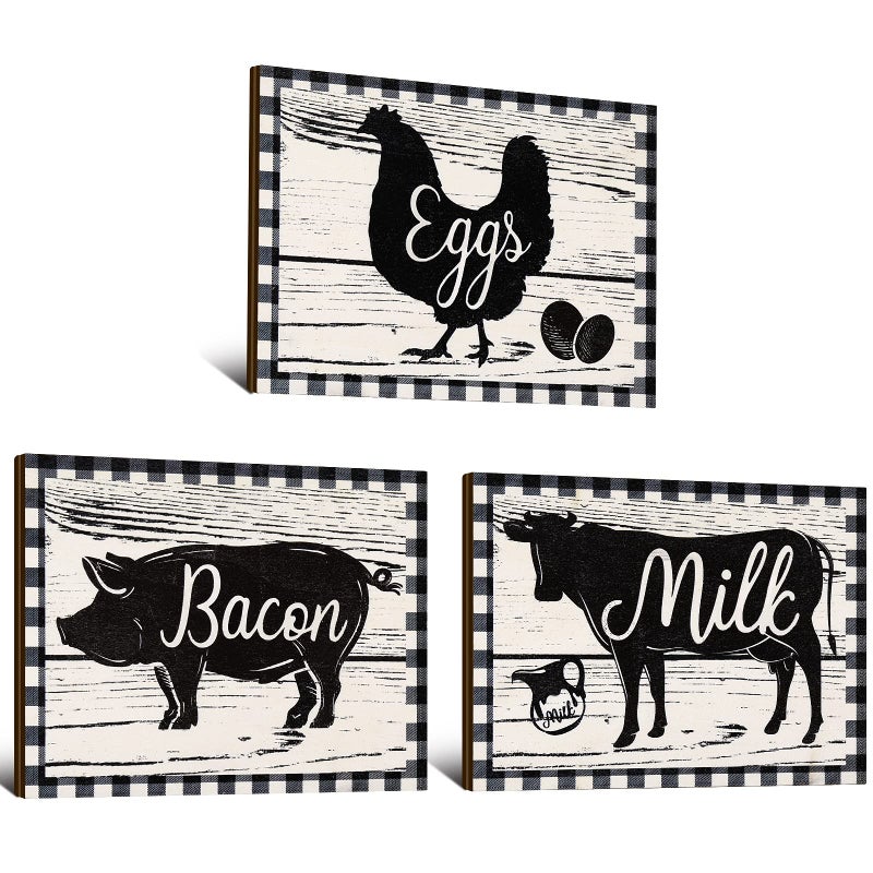 Jetec 3 Pieces Farmhouse Kitchen Decor Wooden Pig Cow chicken Signs Rustic buffalo plaid wall art farm animal Plaque for Kitchen Home Wall Decorations, 7.9 x 5.9 Inch - Image 1
