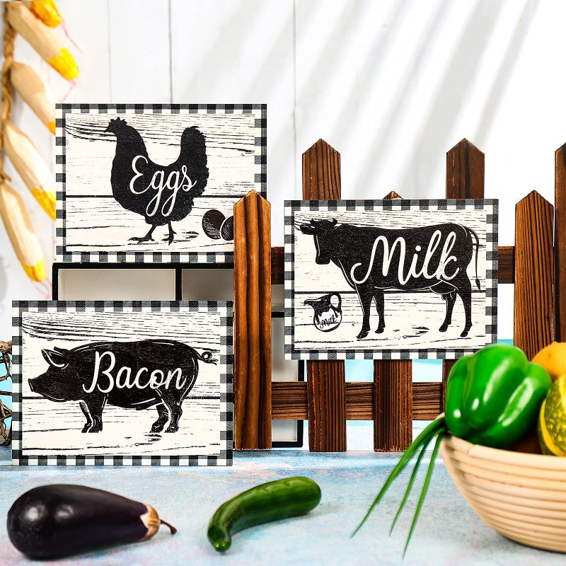 Jetec 3 Pieces Farmhouse Kitchen Decor Wooden Pig Cow chicken Signs Rustic buffalo plaid wall art farm animal Plaque for Kitchen Home Wall Decorations, 7.9 x 5.9 Inch - Image 4