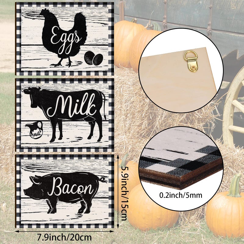 Jetec 3 Pieces Farmhouse Kitchen Decor Wooden Pig Cow chicken Signs Rustic buffalo plaid wall art farm animal Plaque for Kitchen Home Wall Decorations, 7.9 x 5.9 Inch - Image 2