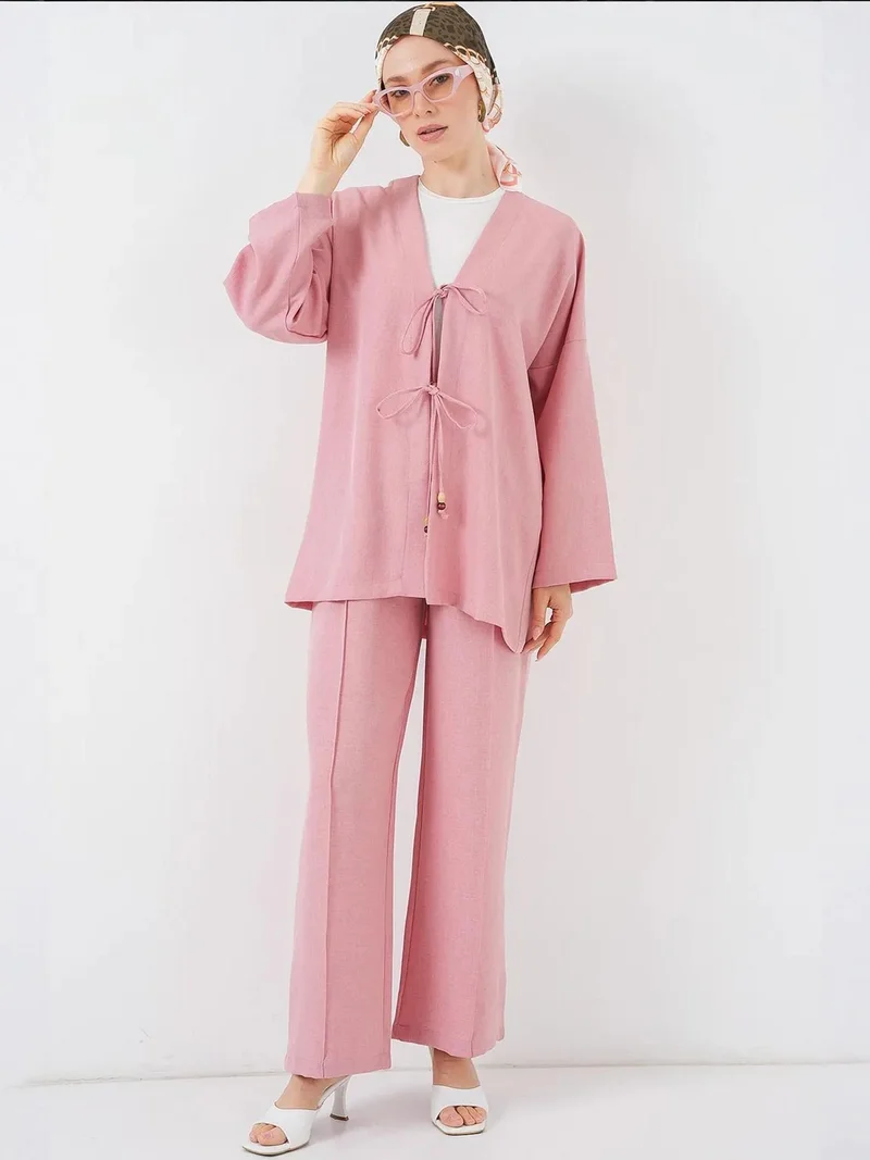 BDART Linen Blend Binding Detailed Cardigan and Rib Detail Wide Leg Pants Set