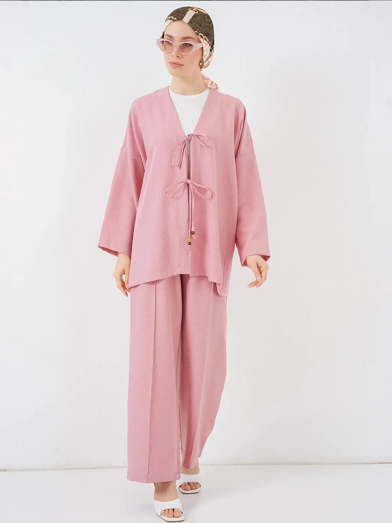 بيغ دارت طقم كارديجان برباط كتان وسروال واسع الساق بتفاصيل مضلعة