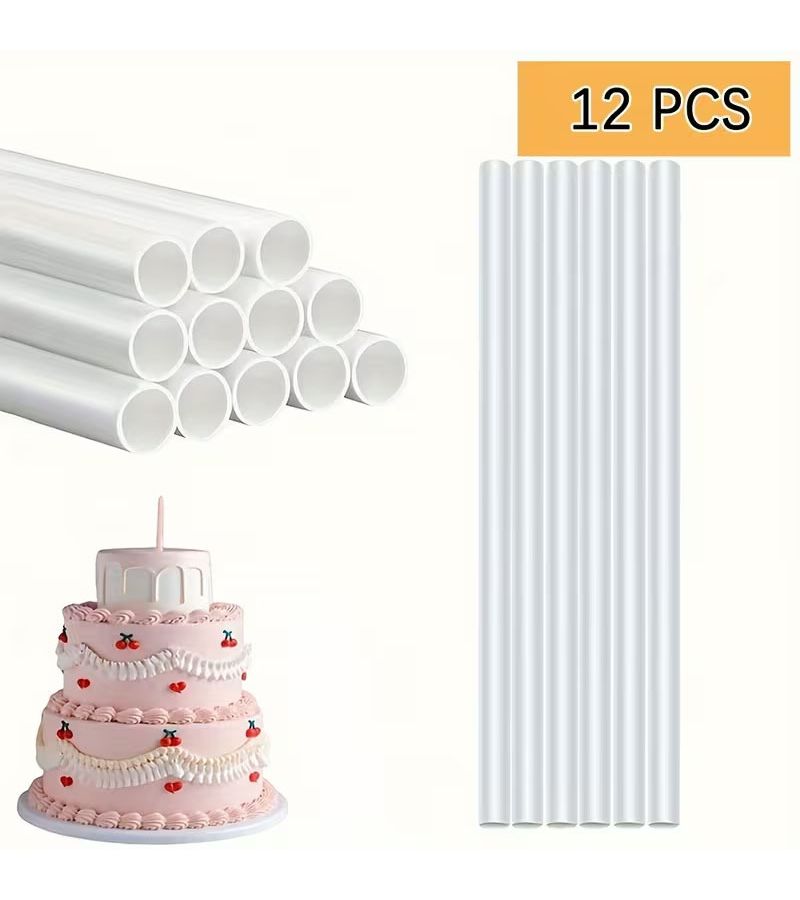 12 قطعة من حاملات الكيك البلاستيكية البيضاء، تصميم مجوف متعدد الطبقات، دعامات كيك لحفلات الزفاف وأعياد الميلاد، سهلة التجميع، آمنة للاستخدام في غسالة الأطباق. - Image 2