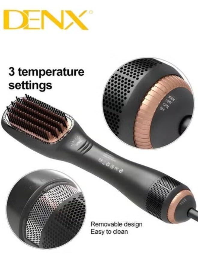 Denx 2-in-1 Professional Hair Dryer Brush – 1200W Ceramic Hot Air Styler for Fast Drying and Volumizing, Oval Barrel Blow Dryer Brush with Multiple Heat Settings, Anti-Frizz Technology, Lightweight Ergonomic Design for All Hair Types – Black - Image 3
