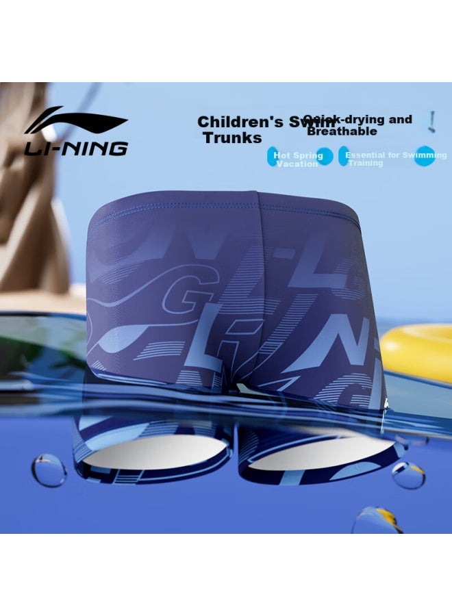 Li-ning Children's Swim Trunks, Boys' Youth Professional Training Boxer Swim Shorts, Hot Spring Swimming Equipment, 0121 Blue, Size 160 - Image 3