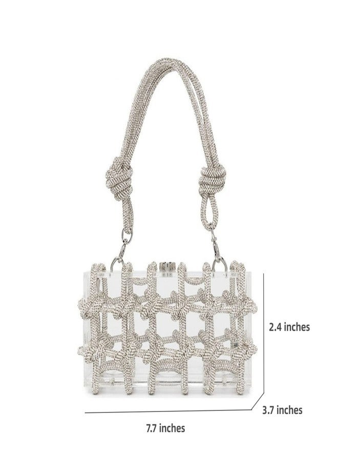 Gimue Clear Acrylic Purse Rhinestone Crystal Clutch Bag with Embellished Rope Knot Glitter Evening Handbag(Silver) - Image 4