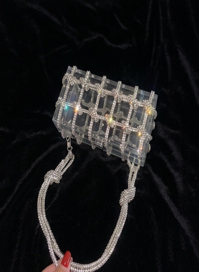 Gimue Clear Acrylic Purse Rhinestone Crystal Clutch Bag with Embellished Rope Knot Glitter Evening Handbag(Silver) - Image 5
