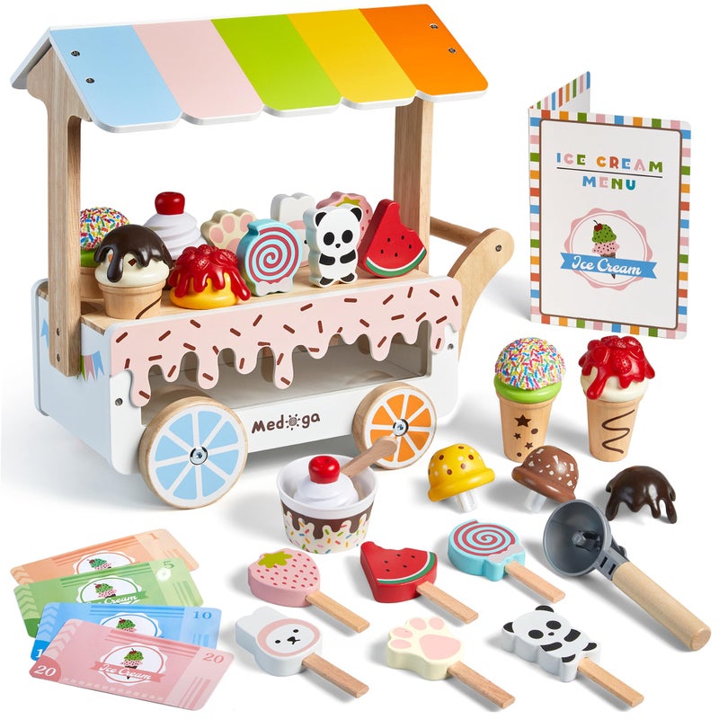 medoga Wooden Ice Cream Cart Toy Playset with Ice Cream Toys Pretend Play Food Truck Play Kitchen Accessories with Ice Lolly Scoop Menu Wooden Toys Gift for 3 4 5 6 7 8 Year Old Girls Boys - Image 3