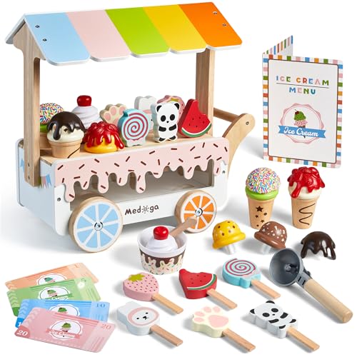 medoga Wooden Ice Cream Cart Toy Playset with Ice Cream Toys Pretend Play Food Truck Play Kitchen Accessories with Ice Lolly Scoop Menu Wooden Toys Gift for 3 4 5 6 7 8 Year Old Girls Boys - Image 1