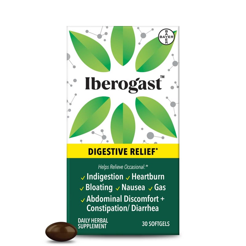 Iberogast Softgels Herbal Relief of Stomach Upsets Occasional Indigestion Bloating Gas Nausea Upset Stomach 6Herb Blend with Iberis Amara Peppermint Licorice Lemon Balm 30ct