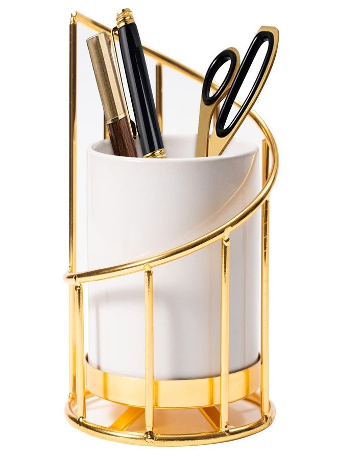 Engree White and Gold Pen Holder for Desk, Pencil Cup, Ceramic Pen Holder with Metal Frame, Makeup Brush Holder for Girls Women, Aesthetic Pencil Holder for Office Desk Accessories - Image 1