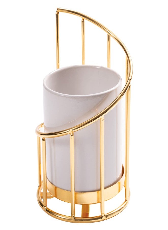 Engree White and Gold Pen Holder for Desk, Pencil Cup, Ceramic Pen Holder with Metal Frame, Makeup Brush Holder for Girls Women, Aesthetic Pencil Holder for Office Desk Accessories - Image 2