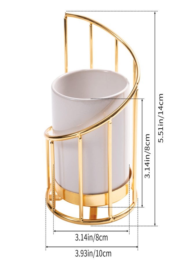 Engree White and Gold Pen Holder for Desk, Pencil Cup, Ceramic Pen Holder with Metal Frame, Makeup Brush Holder for Girls Women, Aesthetic Pencil Holder for Office Desk Accessories - Image 3