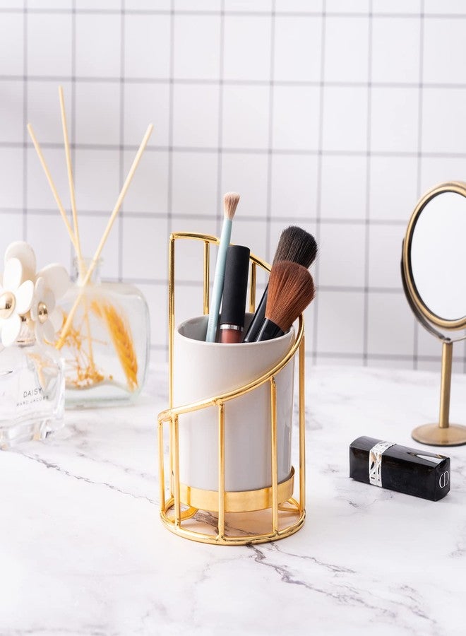 Engree White and Gold Pen Holder for Desk, Pencil Cup, Ceramic Pen Holder with Metal Frame, Makeup Brush Holder for Girls Women, Aesthetic Pencil Holder for Office Desk Accessories - Image 4